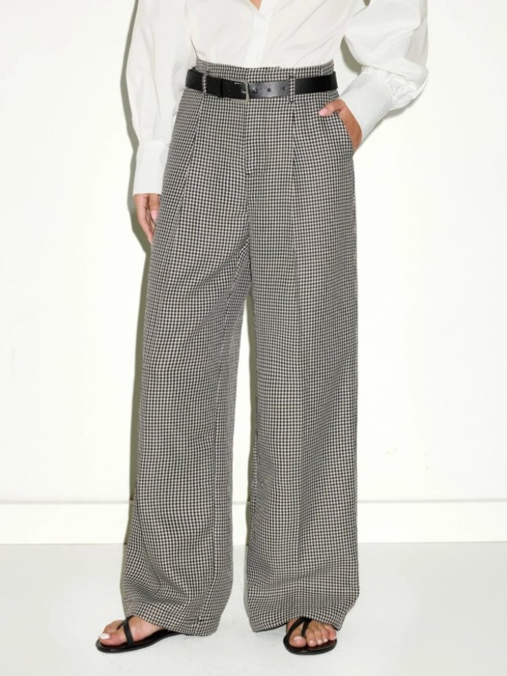 Black and White Houndstooth Pleated Wide Leg Trousers